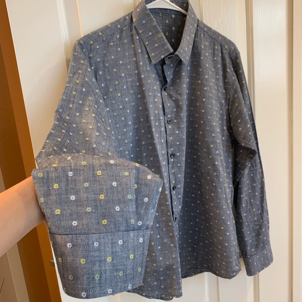Cotton blue grey shirt yellow green woven dots 16 - Picture 5 of 8